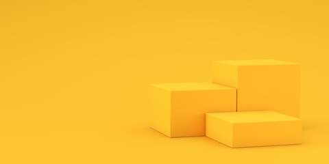 3d render illustration. Three empty stands for displaying goods on a yellow background.