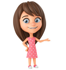 Character cartoon little girl shows to the empty space. 3d render illustration.
