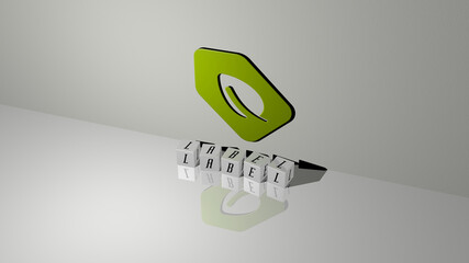 3D representation of LABEL with icon on the wall and text arranged by metallic cubic letters on a mirror floor for concept meaning and slideshow presentation. illustration and design
