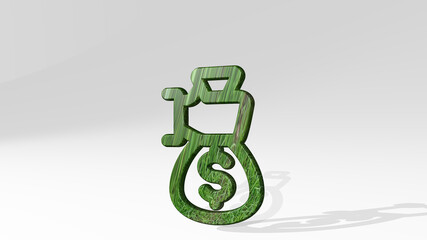 cash payment bag made by 3D illustration of a shiny metallic sculpture casting shadow on light background. business and money