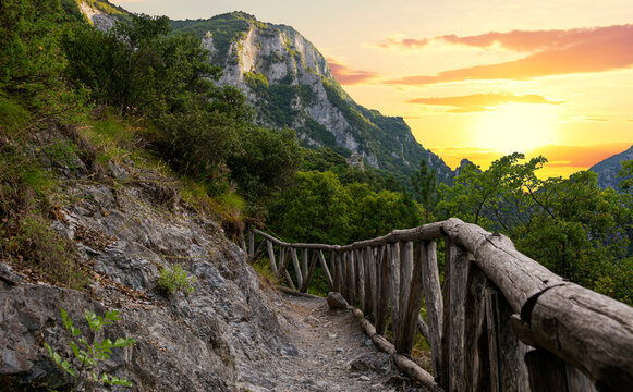 Beautiful sunset over Mount Olympus in Greece. This is the small road to Enipea source of the river Zeus Bath near the village of Litochoro
