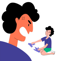 The father shouts at his son who broke the vase. Frustrated parent concept. The negative aspects of family relationships