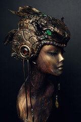 Bronze head of mannequin in decorated bronze headpiece, dark studio background