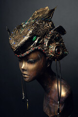 Bronze head of mannequin in decorated bronze headpiece, dark studio background