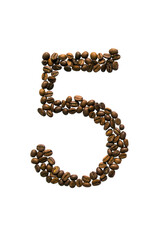 The inscription number five of coffee beans. Isolated on white background.