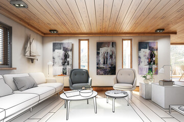 Modern Residential Attic Loft Interior (planning) - 3d visualization