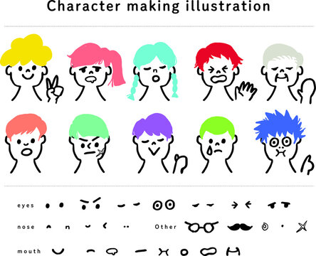 Illustration that you can freely make character makeup by combining parts.
