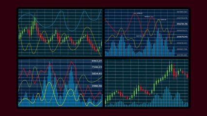 Stock market graphs and charts on monitor screens, trader workplace, stock exchange business concept, flat design, vector illustration.