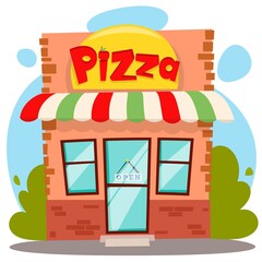 Pizza shop building or pizzeria facade flat cartoon