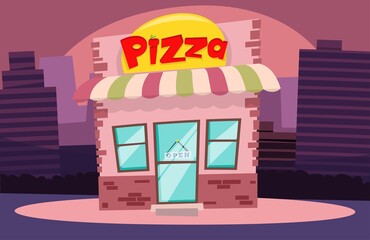 building or pizzeria facade flat cartoon pizza shop