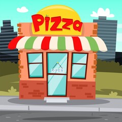 flat pizza shop cartoon building or pizzeria facade