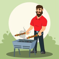 Young cheerful man cooking shashlik barbecue grill outdoors