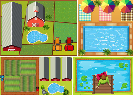 Set of aerial farm and pool and swamp scene