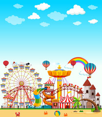 Fototapeta na wymiar Amusement park scene at daytime with blank bright blue sky
