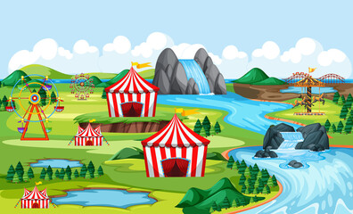 Carnival and amusement park with river side landscape scene