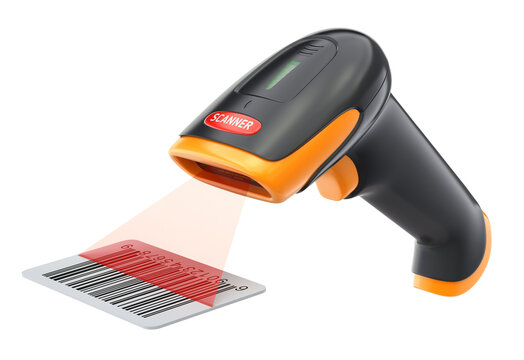Bar code scanner with barcode label isolated on white background - 3D illustration