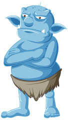 Blue goblin or troll standing pose with anger face in cartoon character isolated