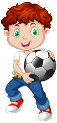 Cute youngboy cartoon character holding football