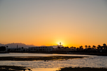 sunset on the sea with palm trees in the evening