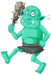 Green goblin or troll holding hunting tool in cartoon character isolated