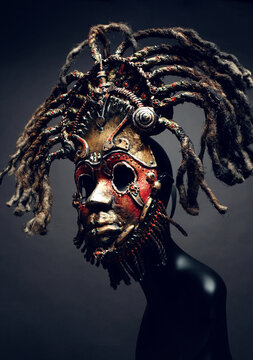 Creative african mask, dark studio background
