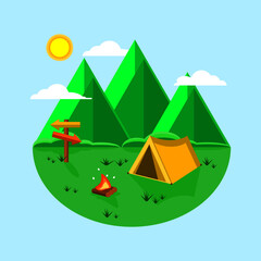 Yellow tent camping with bonfire on green grass floor in park forest mountain with clear blue sky flat vector.