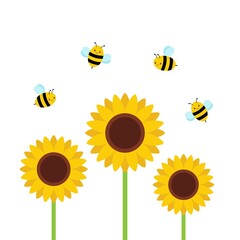 Sunflower garden with cute flying bees, beautiful summer background vector illustration.