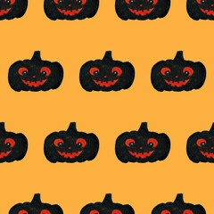 Halloween seamless pattern with smiling pumpkins. Black and orange colors. Print for textile, greeting cards, wrapping paper, decor, design. Holiday background. Symbol of witchcraft