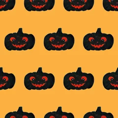 Fotobehang Halloween seamless pattern with smiling pumpkins. Black and orange colors. Print for textile, greeting cards, wrapping paper, decor, design. Holiday background. Symbol of witchcraft © Daria