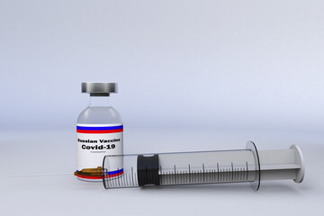 3D Illustration with a syringe and a container bottle with russian vaccine in the treatment of coronavirus disease 2019 , covid, covid19, covid-19.