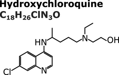 Hydroxychloroquine sulfate (HCQ, HCQS) molecule with chemical formula which is used as cure for malaria, lupus and seems to be promising against corona virus and COVID-19 disease