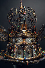 Mannequin in top-hat with wings and crown on black background