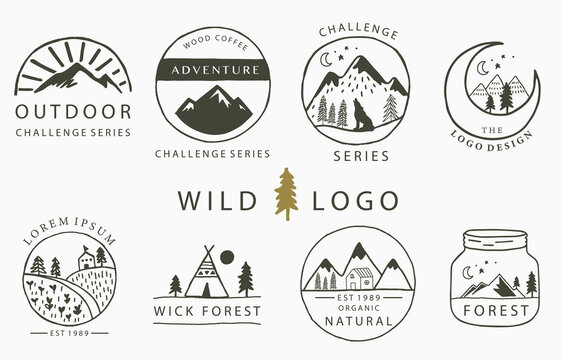 Moutain and house logo collection with wild,natural,animal,tent,circle.Vector illustration for icon,logo,tattoo,accessories and interior