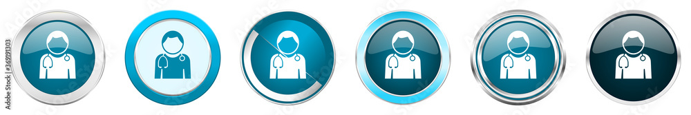 Poster doctor silver metallic chrome border icons in 6 options, set of web blue round buttons isolated on w