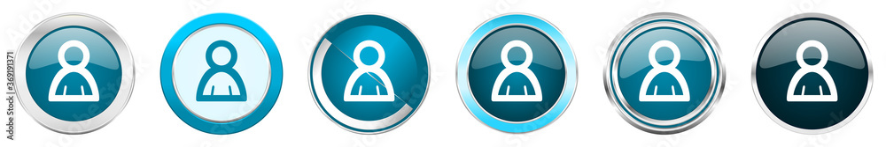 Poster person silver metallic chrome border icons in 6 options, set of web blue round buttons isolated on w