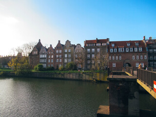 Beautiful old houses on a river bank in Gdansk.