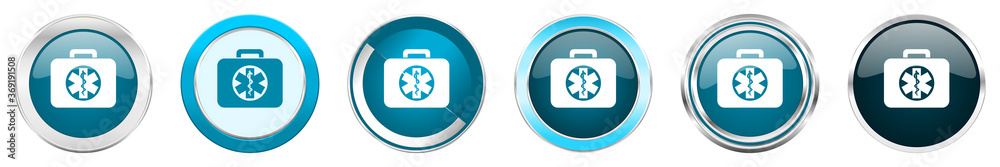 Poster rescue kit silver metallic chrome border icons in 6 options, set of web blue round buttons isolated 