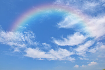 Fototapeta na wymiar Abstract rainbow on beautiful blue sky and white clouds as background and wallpaper. 