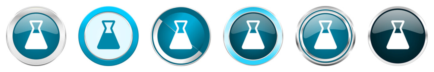 Laboratory silver metallic chrome border icons in 6 options, set of web blue round buttons isolated on white background