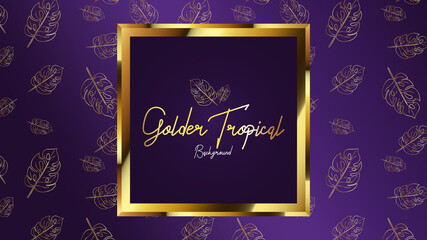 Luxury background with golden tropical leaf and dark purple gradient with golden color can use for wedding invitation card