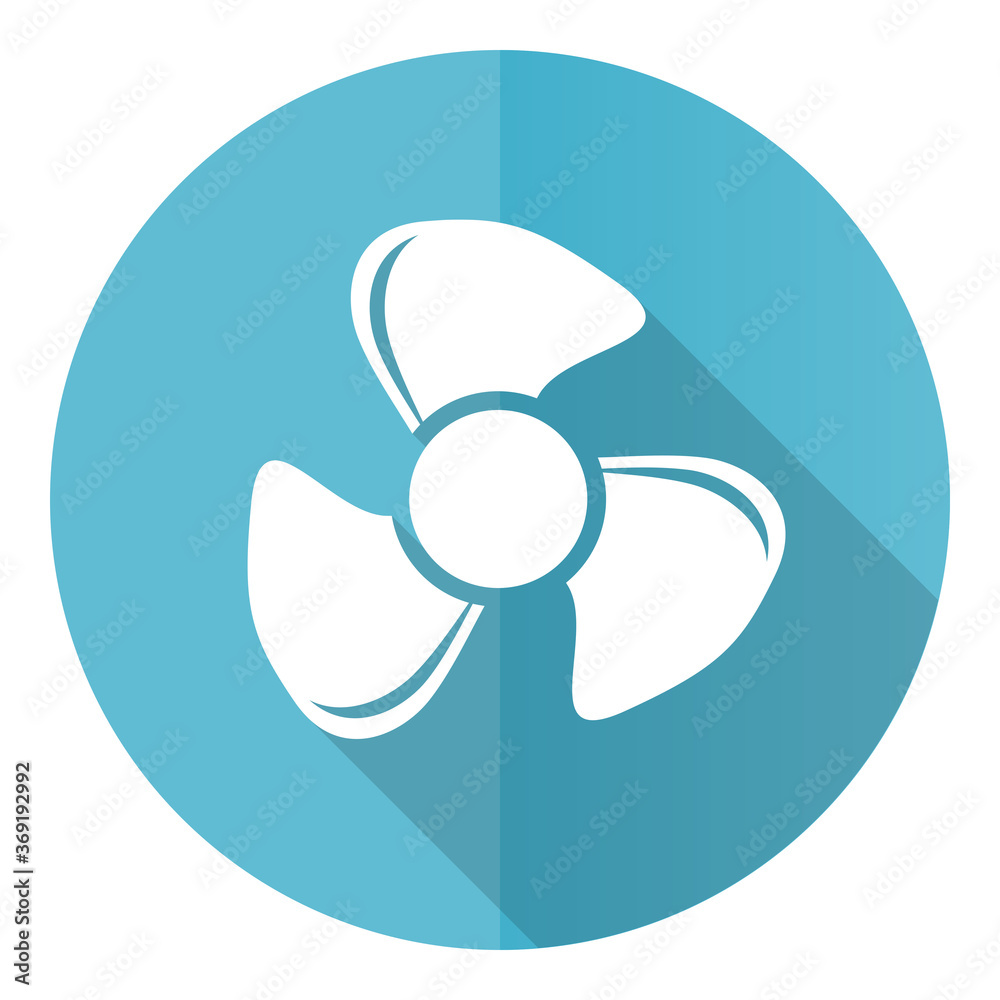 Poster fan vector icon, flat design blue round web button isolated on white background