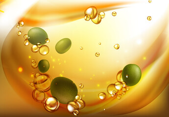 fluid shape mixing water and oil, Leaf of green olives. Realistic Olive drop oil branch background.