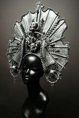 Head of mannequin in creative metal kokoshnick, dark studio background