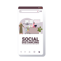 arab cutomer in protective mask standing at cash desk keeping distance to prevent coronavirus social distancing concept smartphone screen copy space vector illustration