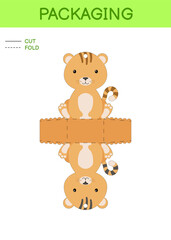 DIY party favor box die cut template design for birthdays, baby showers with cute cat for sweets, candies, small presents. Printable color scheme. Print, cut out, fold, glue. Vector stock illustration