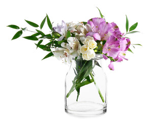 Beautiful vase with flowers on white background
