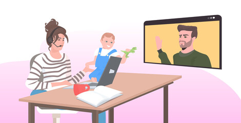 woman with little son working on laptop during coronavirus quarantine businesswoman discussing with colleague in web browser window self-isolation concept portrait horizontal vector illustration