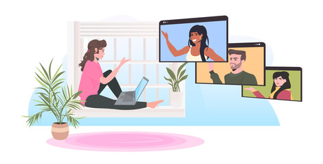 woman sitting on windowsill chatting with mix race colleagues in web browser windows during video call online conference meeting remote work self isolation concept horizontal vector illustration