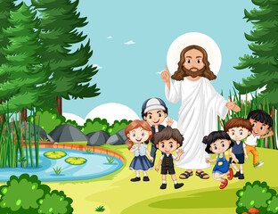 Fototapeta na wymiar Jesus with children in the park