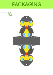 DIY party favor box die cut template design for birthdays, baby showers with cute toucan for sweets, candies, small presents. Printable color scheme. Print, cut out, fold, glue. Vector illustration